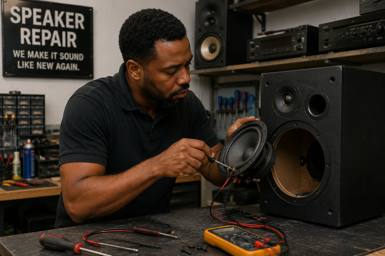 Technician repairing a home speaker