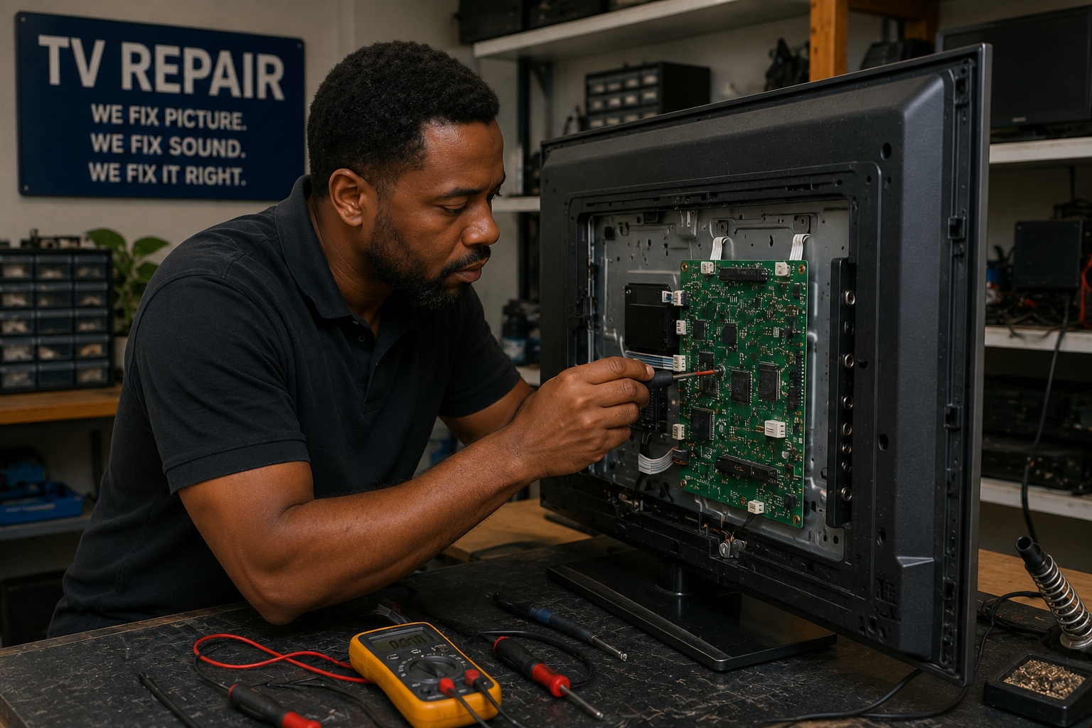 Technician repairing the circuit board inside a television